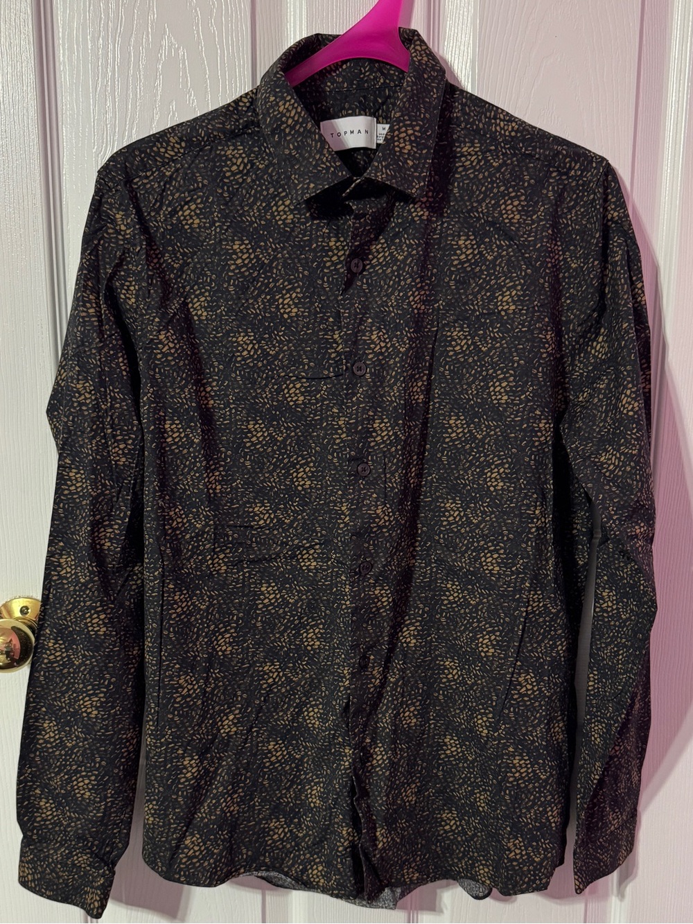 Topman Black Button-Down Shirt with Gold Fleck Pattern